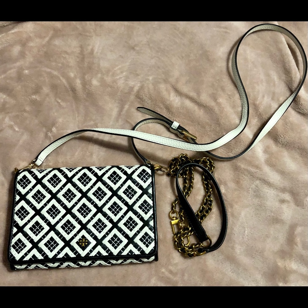 NWT Tory Burch Robinson Woven White & Black Leather Combo Purse Handbag - Picture 2 of 10